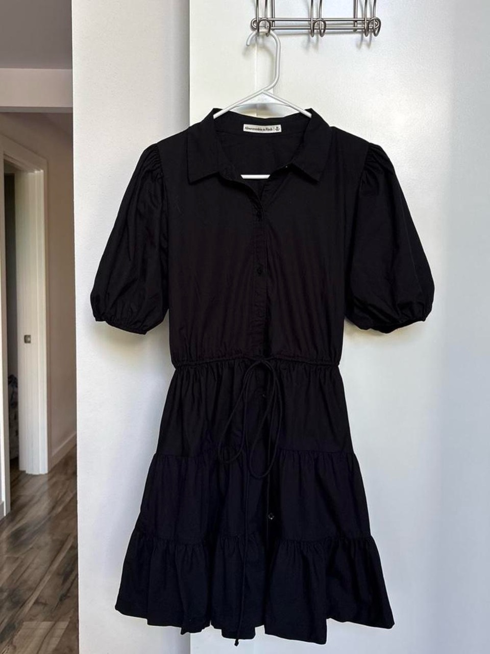 Abercrombie & Fitch Black Puff-Sleeve Tiered Mini Dress